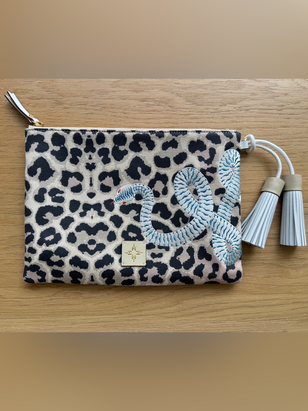 India Hicks Leopard Print Clutch with Light Blue Embroidered Snake